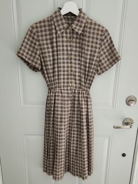 Ark Reworked Beige and Black Plaid Short-Sleeve Shirt Dress